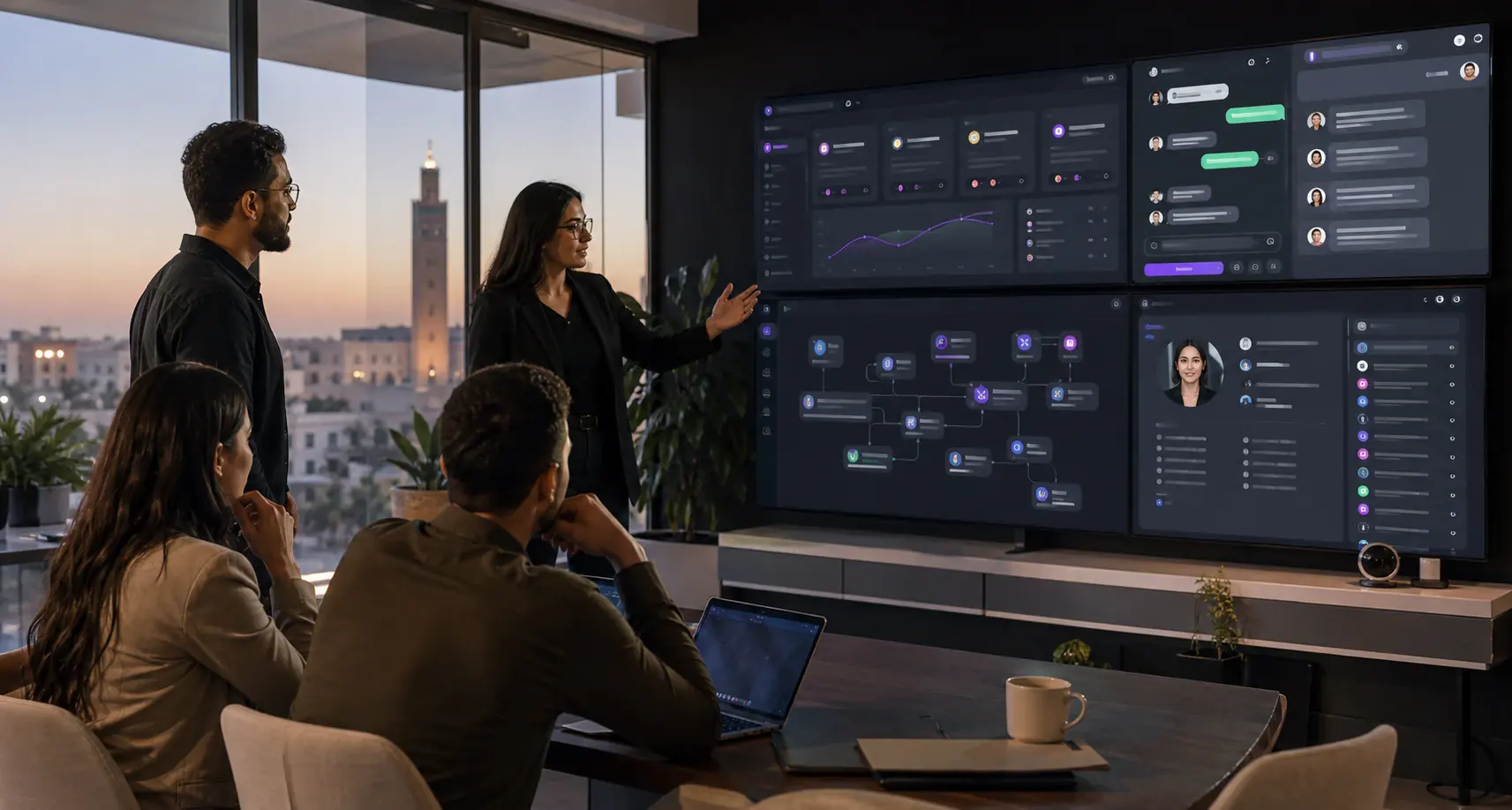 Équipe marketing pilotant un système CRM, WhatsApp et agents IA automatisés