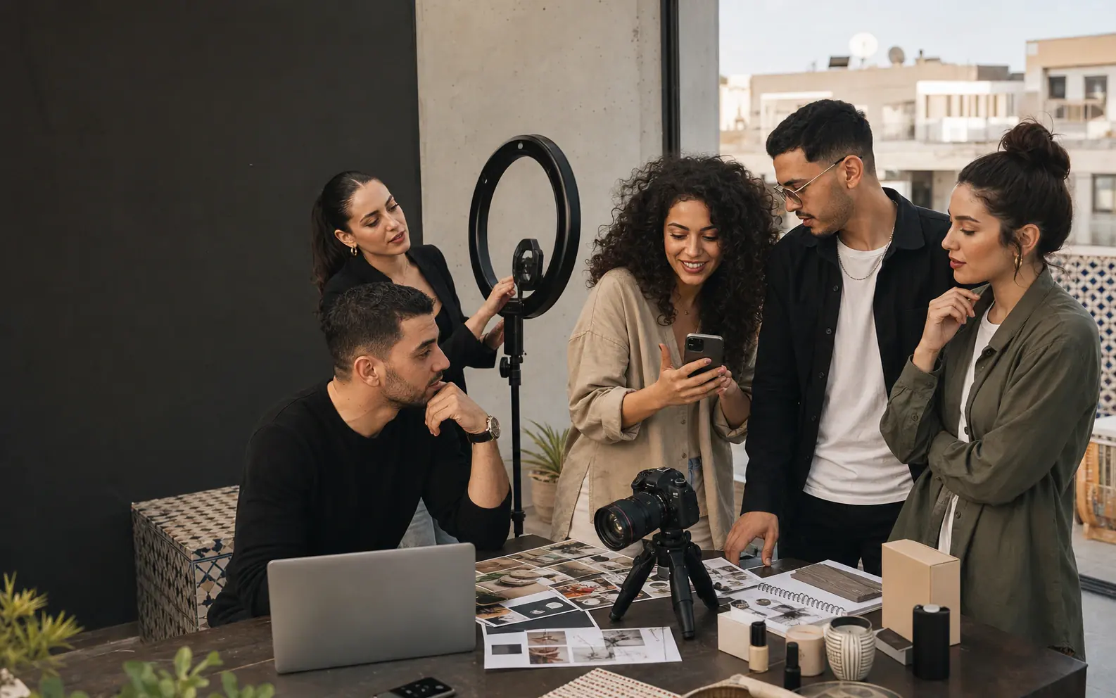 Équipe et créateurs marocains fictifs préparant une campagne d’influence