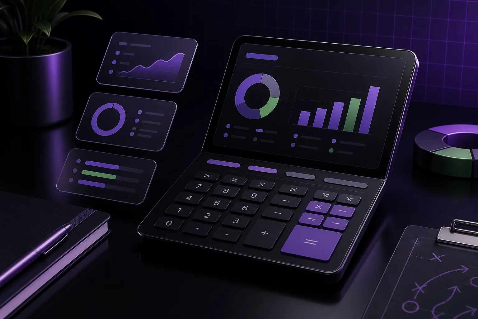 Calculateur marketing sombre avec graphiques et budget média