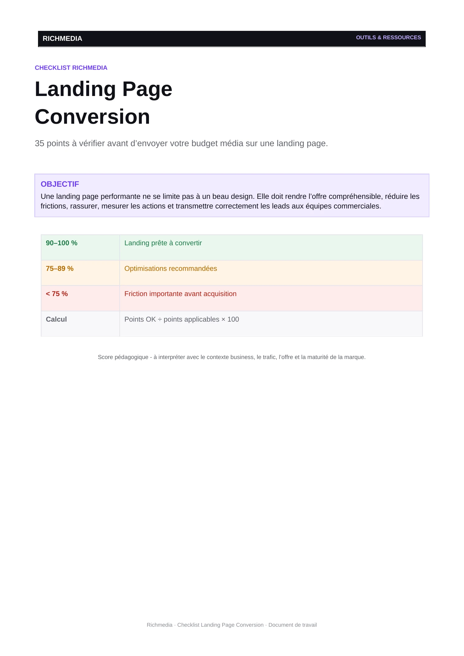 Première page réelle du PDF Checklist Landing Page Conversion Richmedia