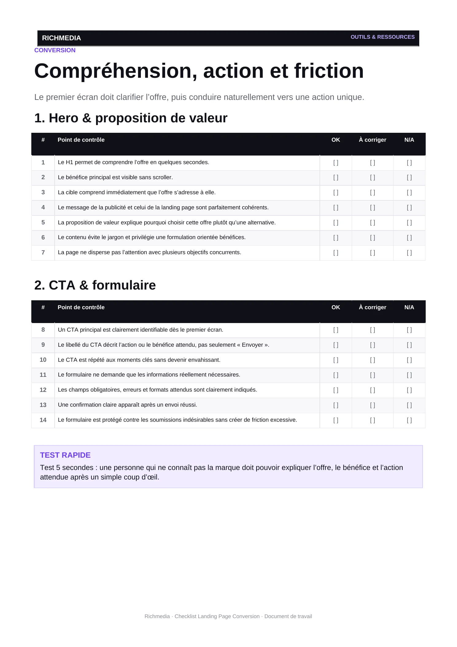 Page réelle hero CTA et formulaire du PDF checklist landing page Richmedia