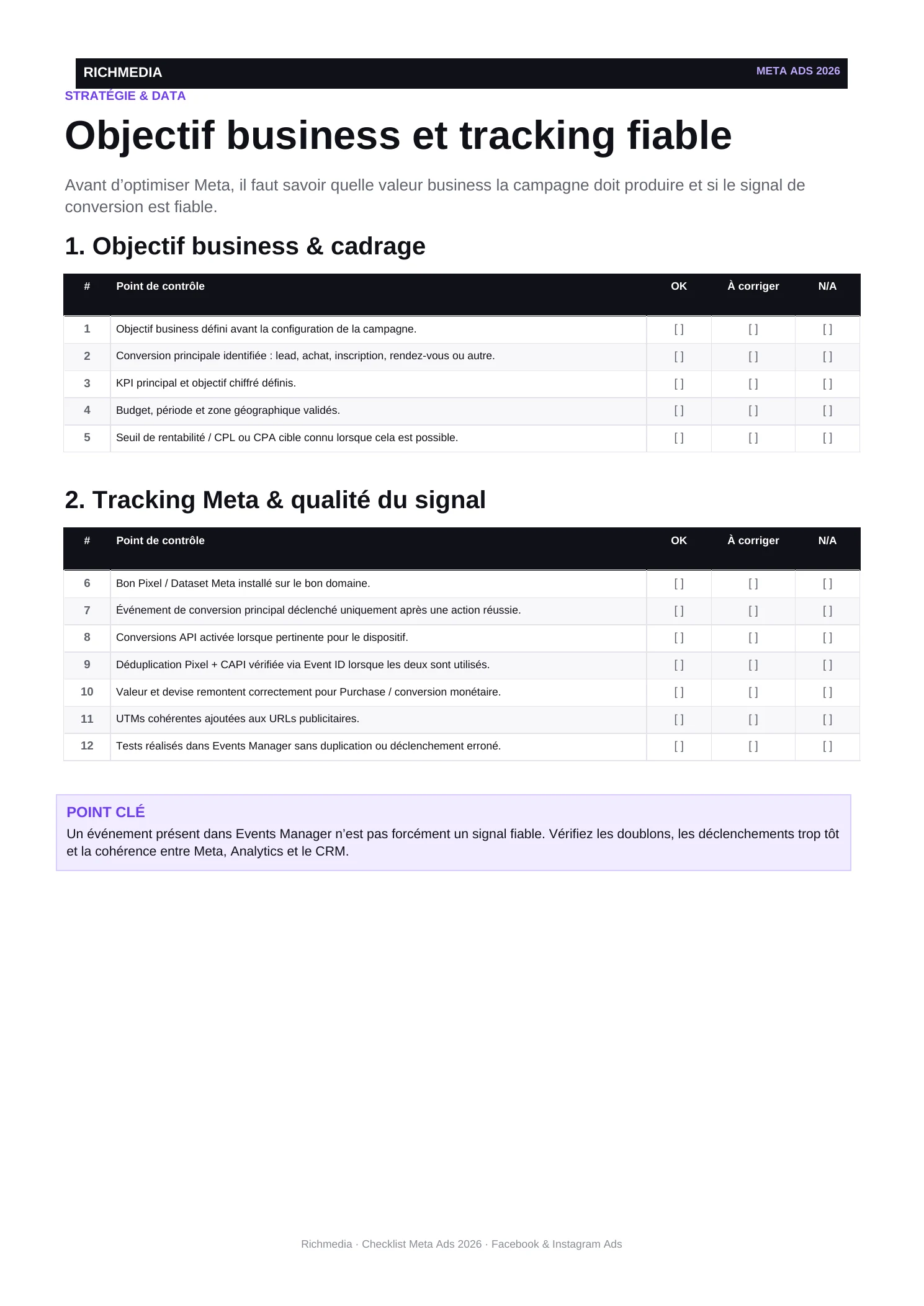 Page réelle objectif et tracking du PDF Checklist Meta Ads 2026 Richmedia
