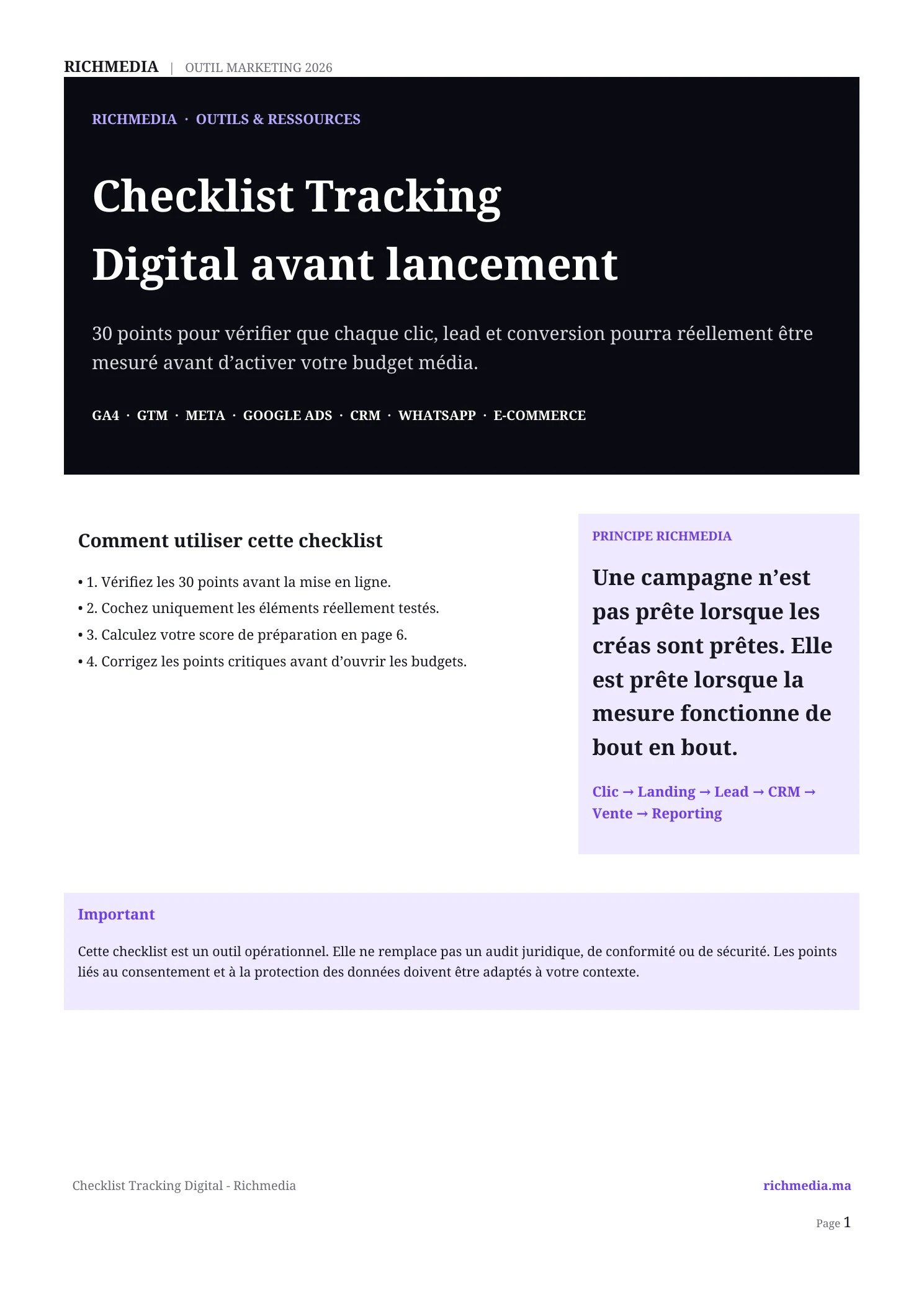 Pages réelles du PDF Checklist Tracking Digital avant lancement Richmedia