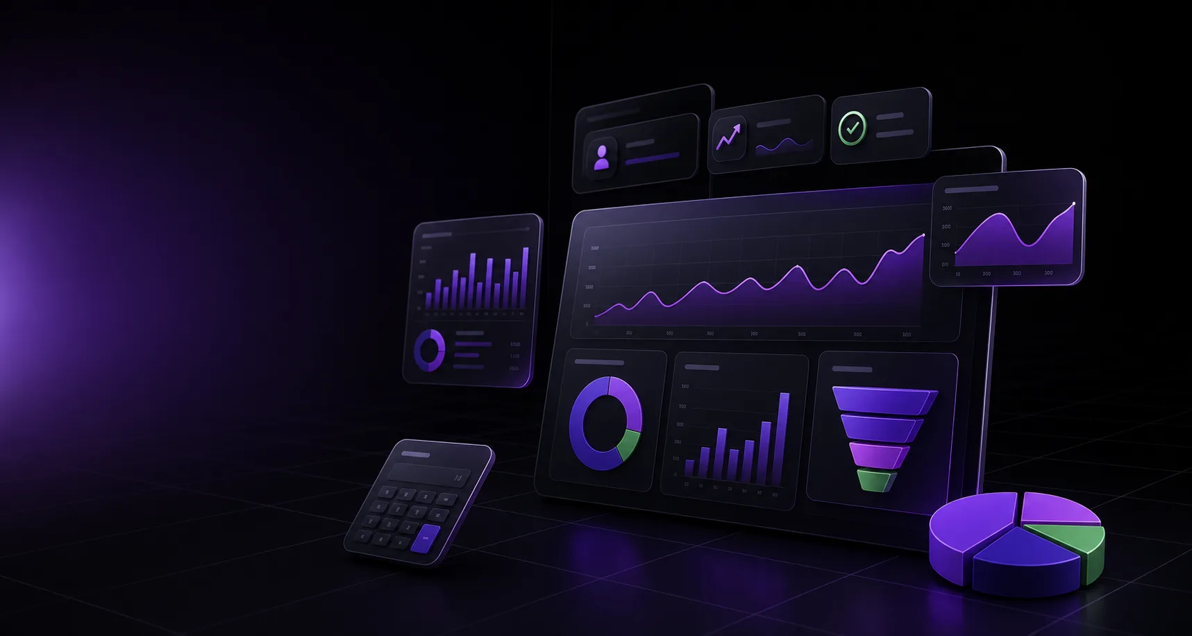 Interface visuelle de ressources marketing avec dashboards, graphiques et calculateur