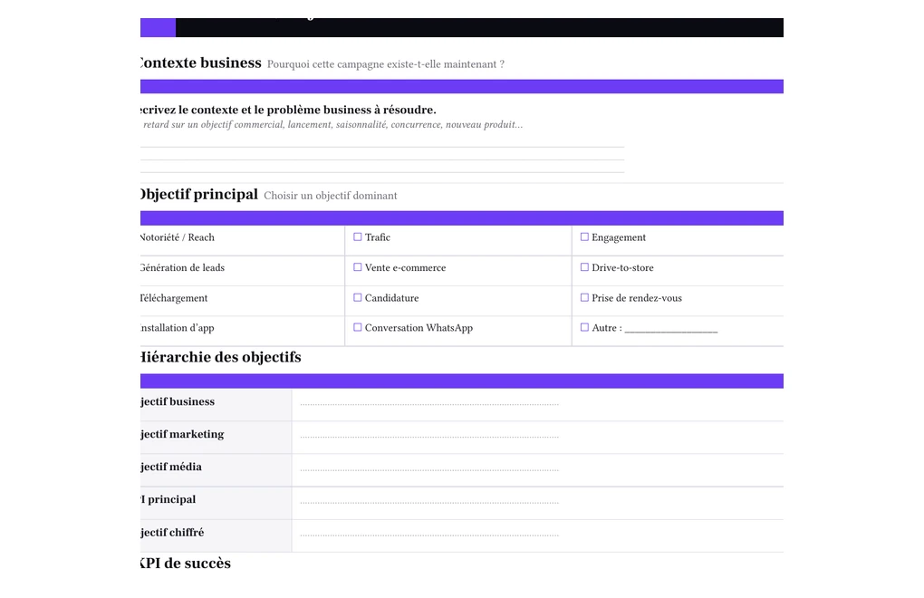 Extrait réel de la page contexte et objectifs du template brief Richmedia