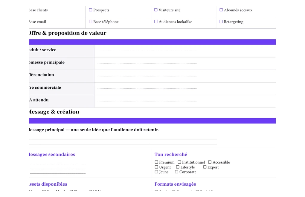 Extrait réel de la section offre et message du template brief Richmedia
