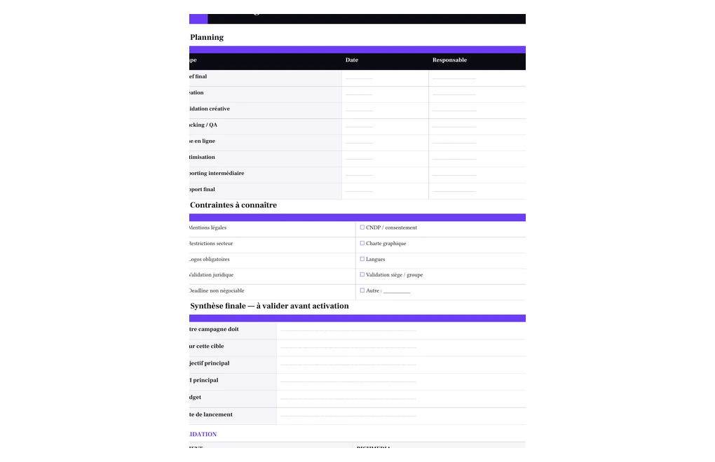 Extrait réel de la page planning et validation du template brief Richmedia