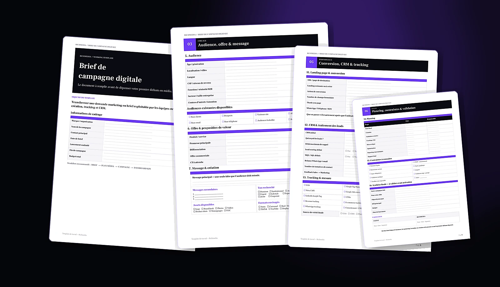 Aperçus réels du template Word Brief de Campagne Digitale Richmedia