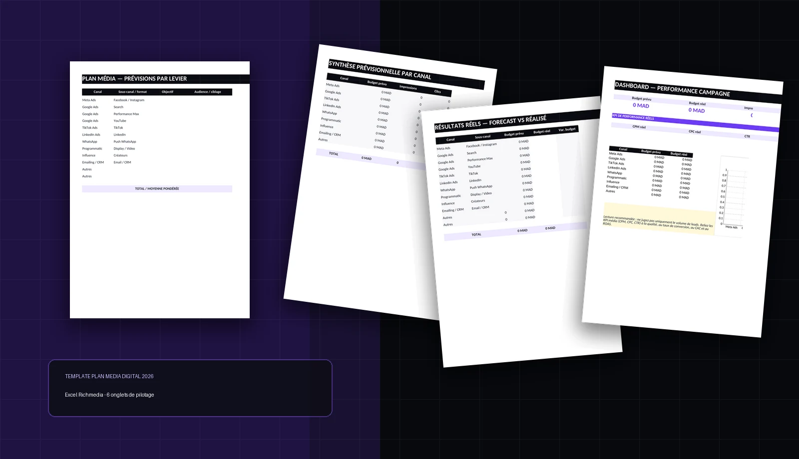 Montage réalisé à partir de previews réelles du fichier Excel Template Plan Média Digital 2026