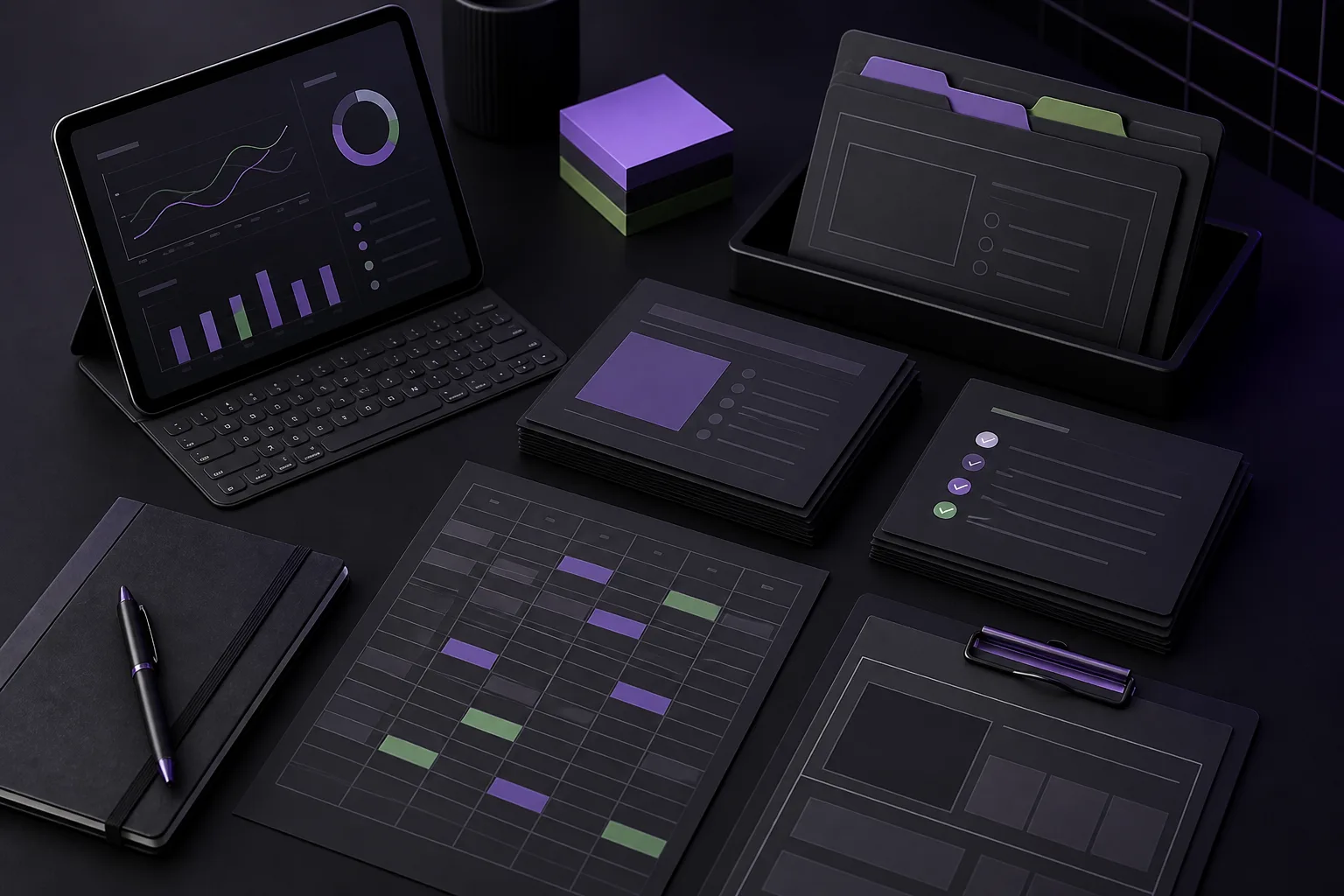 Supports marketing, templates, checklists et tableaux de bord sur un bureau sombre